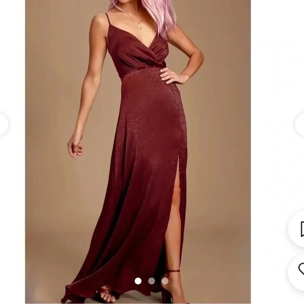 Lulu's Constantine Burgundy Satin Maxi Dress Sexy Formal Long Size S NWT - Picture 3 of 16